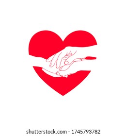 Hands are holding the other hand with emphasize  red heart shape. Business encouragement, relationship concept. 