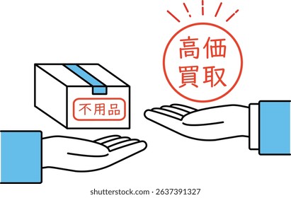Hands holding out a cardboard box with the words "unwanted items" in Japanese and "high price purchase" in Japanese
