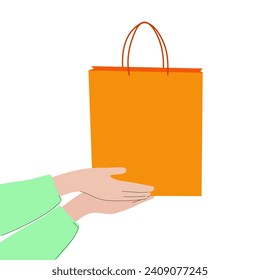 Hands holding out a shopping bag on their palms. Minimalist sale illustration
