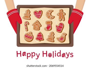 Hands holding oven-tray with gingerbread cookies. Happy Holidays card with Christmas bakery - gingerbread men, tree, bell, mitten, bird, heart. Festive baking for winter holidays. Vector illustration.