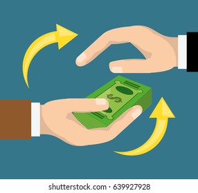 hands holding package bills over blue background
