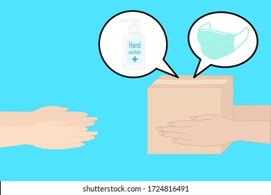 Hands is holding the package box send to the other person. It has prevention item , protective mask and hand sanitizer. Shoping smart at home. Using home delivery. avoid infection.