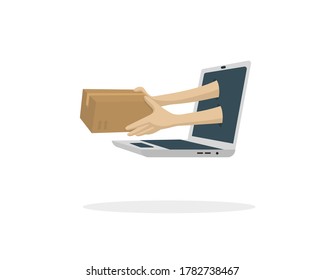 Hands holding package coming out of a laptop. Internet shopping and parcel service.