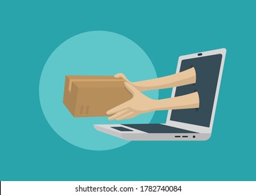 Hands holding package coming out of a laptop. Internet shopping and parcel service.