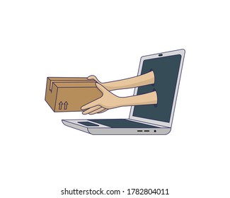 Paquete de mano que sale de un portátil. Internet shopping y servicio de paquetería.