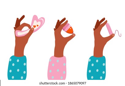 Hands holding pad,menstrual cup with blood and tampon.Choice concept.Periods theme with popular hygienic goods.Zero waste and eco protection.Female critical days.Vector in flat style.