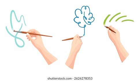 Hands holding paintbrush, set. Brush painting on white. Art drawing hand of an artist in cartoon style. Vector flat illustration isolated on white background
