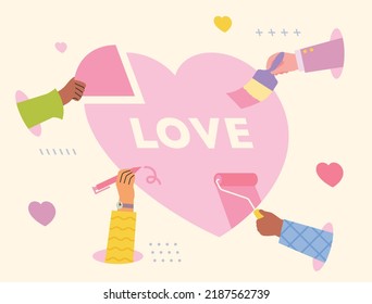 Hands holding painting tools are making heart together  flat design style vector illustration 