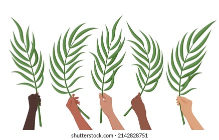 Hands holding palm leaves. Believers celebrate the Entry of the Lord into Jerusalem. Christian religious symbol of Palm Sunday holiday. Palm branch christian religious holiday symbol. Vector 