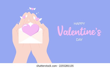 Hands holding in palms envelope with pink heart inside and flying winged hearts. Valentines Day greeting card. Flat vector illustration