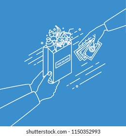 Hands Holding Paper Bag With Fruits And Vegetables And Passing Money Drawn With Contour Lines On Blue Background. Order In Food Delivery Service. Monochrome Vector Illustration In Linear Style