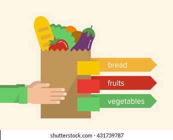 Hands holding a paper bag with a healthy food - bread, vegetables and fruits. Grocery shopping, food market concept. Isolated vector illustration flat design.
