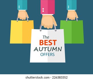 Hands holding paper bags with offer text. Flat illustration. Eps8