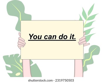 Hands holding paper with green leaf on white background. You can do it on paper.