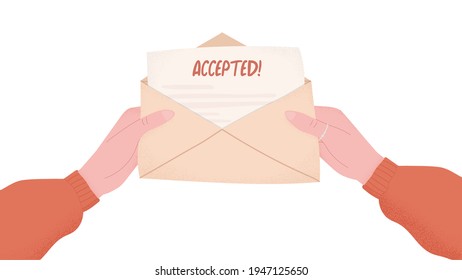 Hands Holding Paper Letter Of Acceptance In Envelope. College Admission Letter, University Entrance Mail. Concept Of Receiving Good News About Scholarship Or Job Application. 