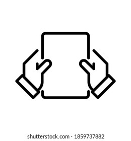 Hands holding paper. Line vector. Isolate on white background.