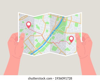 Hands Holding Paper Map. Folded Map In Hands Of Men. Tourist Look At Map Of The City To The River, Is Looking For. Vector.