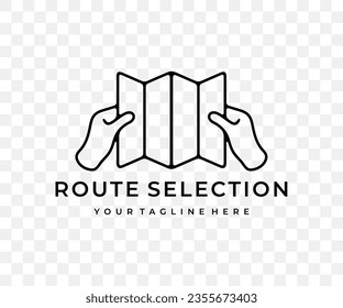 Hands holding a paper map, route selection, linear graphic design. Travel, traveling, journey, camping and tourism, vector design and illustration