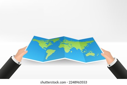 Hands holding paper map. Top view on folded map atlas in hands of men. Tourist look at map of the world planning trip. Vector Illustration in flat design. Travel concept. Countries, continents, oceans