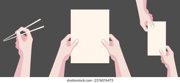 hands holding paper mock up, paper, receipt, sheet, document, announce, postcard, placard, chopsticks, flat style, vector illustration