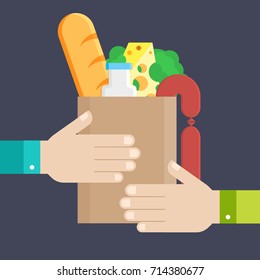Hands holding a paper package with fresh produce. Flat style, vector illustration.