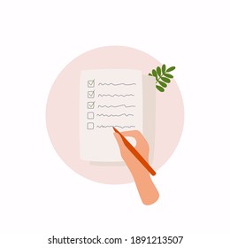 Hands holding paper sheet with check list. Colorful vector illustration in flat style.