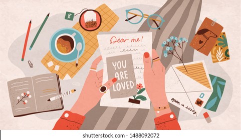 Hands holding paper sheet with handwritten text. Concept of sending letter to your future self or written message to yourself through postal service. Flat cartoon colorful vector illustration.