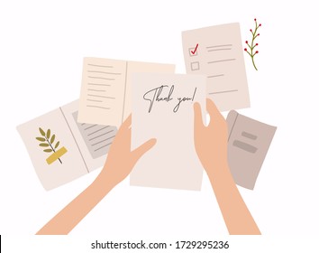 Hands holding paper sheet with handwritten text. Colorful vector illustration in flat style.