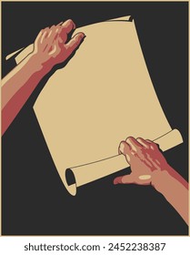 Hands holding Paper Sheet, Scroll. Advertising Poster template 