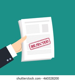 Hands holding paper with stamp "Rejected" on it. Vector illustration. Trendy flat design. Design concept for business and life style.