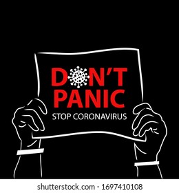 Hands holding paper with text don't panic. Poster concept.