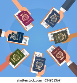 Hands Holding Passport Ticket Boarding Pass Travel Document Flat Vector Illustration