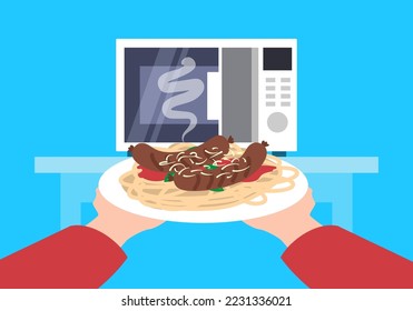 hands holding pasta spaghetti with sausages on plate microwave heating vector flat illustration