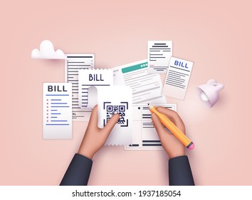 Hands holding Paying bills and pencil. Payment of utility, bank, restaurant and other. 3D Web Vector Illustrations. 