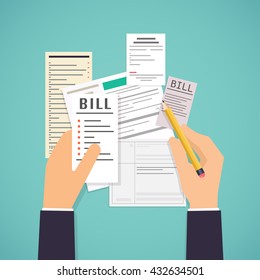 Hands holding Paying bills and pencil. Payment of utility, bank, restaurant and other. Flat design modern vector illustration concept.