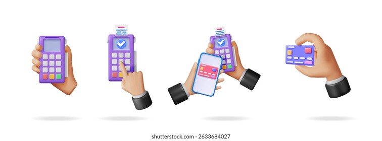 Mãos segurando terminal de pagamento, cartão de crédito e smartphone para transação financeira. Compras on-line e conceito de ponto de venda.