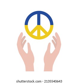Hands holding peace symbol in Ukraine flag colors. Peace for Ukraine. Stop war.