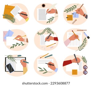 Hands holding pen and making note. Person writing or painting. Diary plan. Paper document. Paintbrush and palette. Office desk top view.