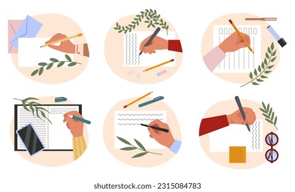 Hands holding pen and making note. Person writing or painting. Diary plan. Paper document. Paintbrush and palette. Office desk top view.