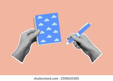 Hands holding pen and notebook. Template for card, print, poster, banner, social media. Vector illustration