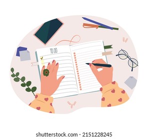 Hands holding pen or pencil, making notes or goals in a notebook, filling out a diary or planner, makes schedule, timetable. To do list, time management, multitasking vector flat top view illustration