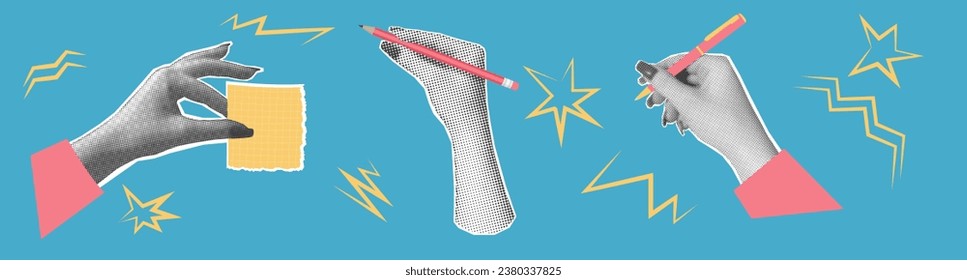 Hände, die einen Stift, einen Bleistift, eine Notiz halten   Halftone Vektorgrafik