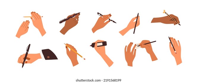 Hands holding pen, pencils, markers, highlighters set. Fingers with drawing, handwriting, freehand writing tools, supplies, office stationery. Flat vector illustrations isolated on white background