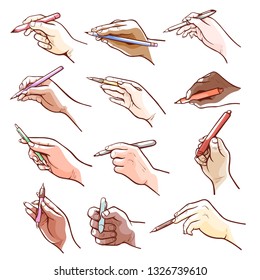 Hands holding a pen and writing, drawing. Human male and female hands working. Vector line art illustration on white background
