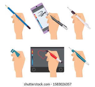 Hands holding pen. Writing items pens markers tools for writers vector cartoon set