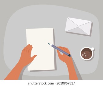 Hands are holding a pencil and writing a letter. Top view of the table surface. Sending a written letter or correspondence through the postal service. Flat cartoon colorful vector illustration
