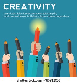 Hands holding pencils with creative work standing out vector concept