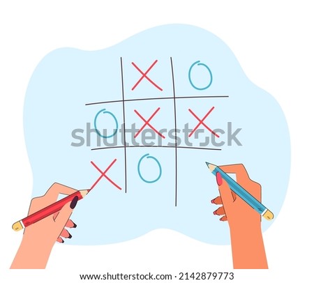 Hands holding pencils to play tic tac toe. People drawing crosses and noughts in simple game for children flat vector illustration. Strategy concept for banner, website design or landing web page Stock photo © 