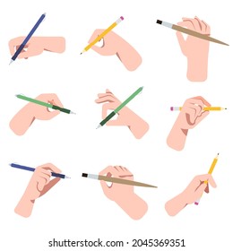 Hands holding pens, pencils and brushes vector illustrations set. Arms of persons with different writing or drawing tools isolated on white background. Education, school, office, stationery concept