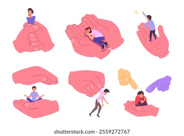 Hands holding people. Concept illustrations with big hand and tiny characters exact vector psychology ads template